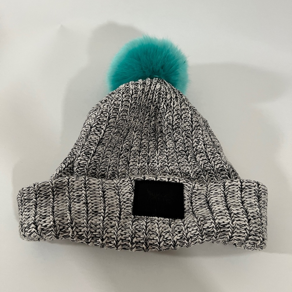 Love Your Melon Cuffed Beanie Hat in Speckled White and Black with Mint Pom Pom